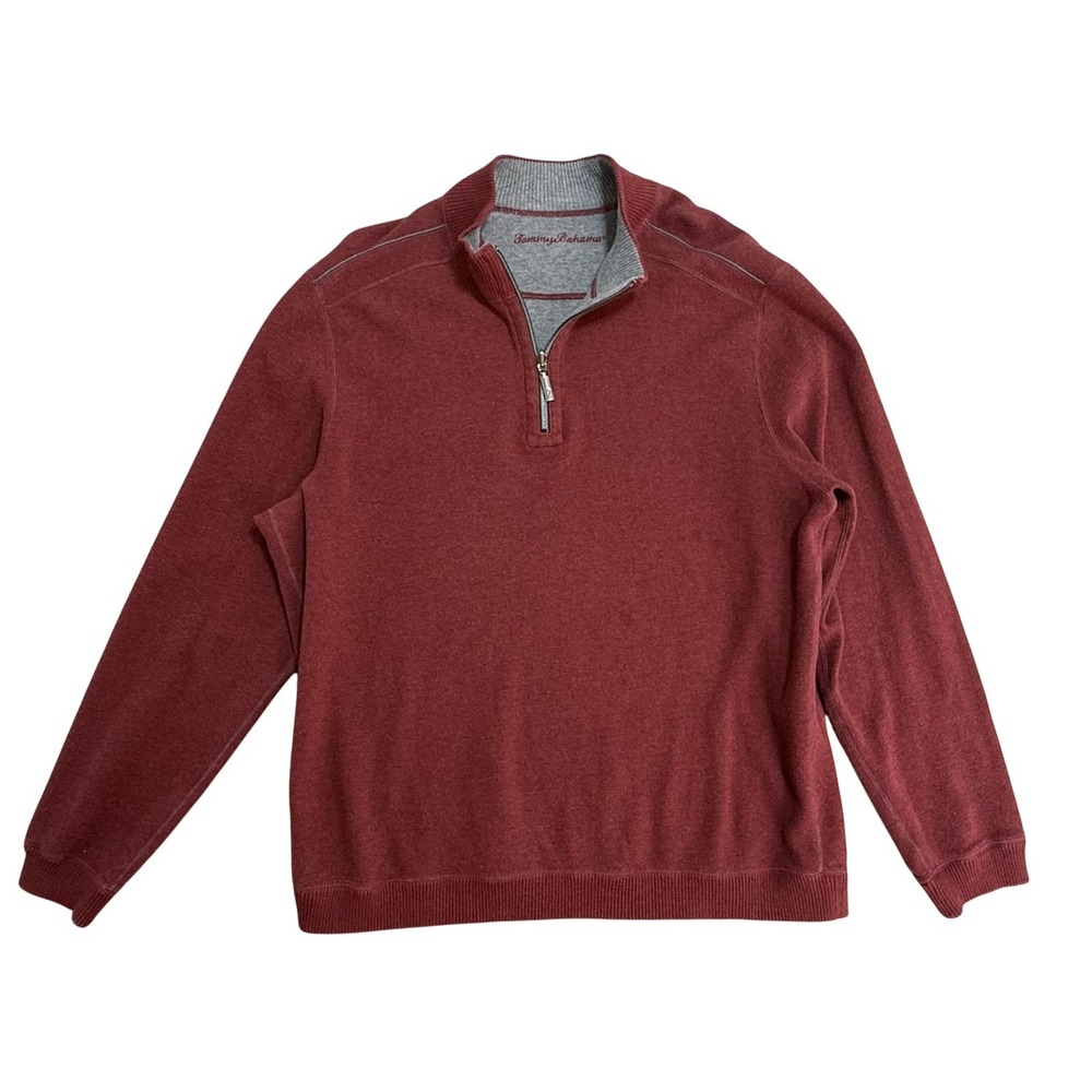 Tommy Bahama Sweater Mens XL Red Quarter Zip Mock Neck Cotton Blend Pullover